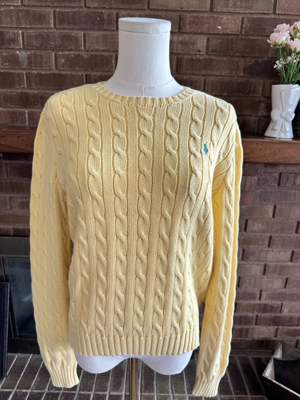 Vintage Ralph Lauren Cable Knit Cotton Crewneck Sweater Light Pastel Yellow L